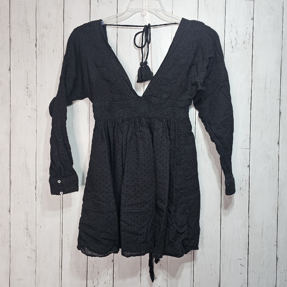 Free People Sugarpie Sexy Black Cotton Swissdot Embroidered Mini Dress Size XS. - Picture 5 of 13